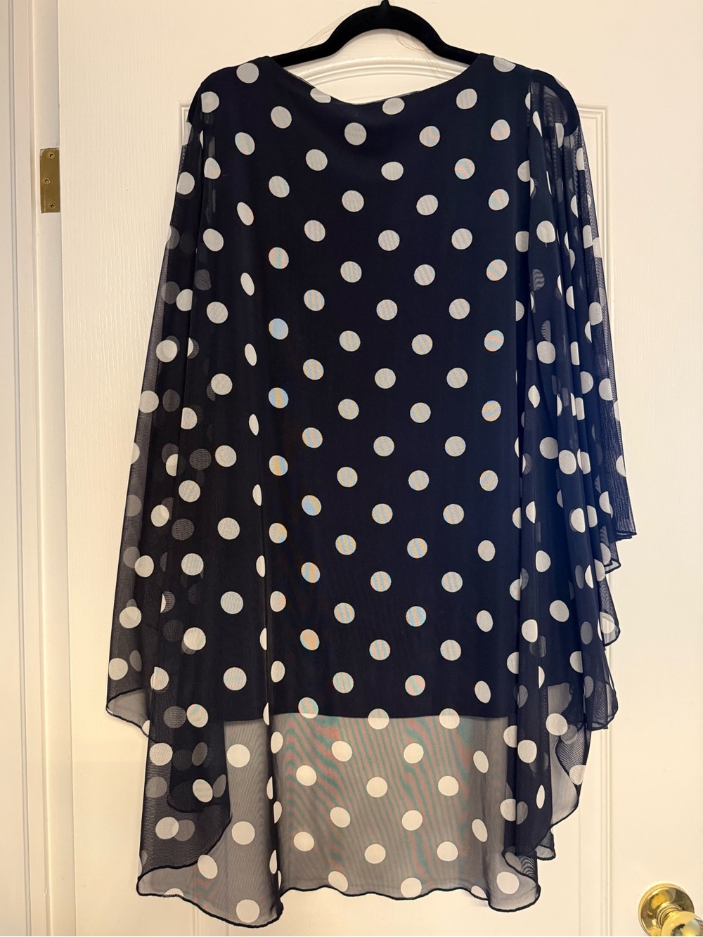 Laura Navy Blue Polka Dot Cape Blouse - Elegant Sheer Overlay